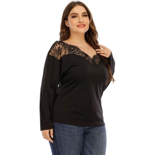 Large Size Women T-Shirts Sexy Perspective Lace Stitching Deep V Reverse Fashion Bottoming Shirt Wild T-Shirt Clothes Autumn