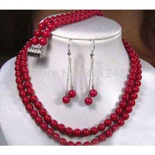 Hot sale free shipping 2 rows artificial red coral round beads necklaces earrings bracelets party jewelry set 17-18inch BV383