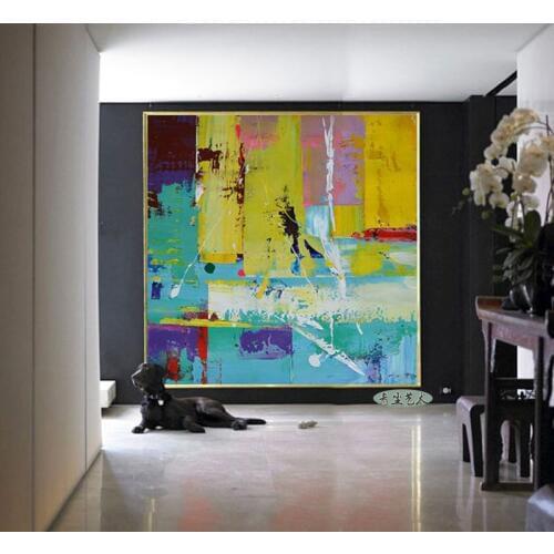 Chien Square Oil Painting Modern Abstract Blue And Yellow Oil Painting The Living Room Entrance Corridor Hotel Clubs Substantial
