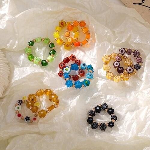 Korea Charms Rainbow Flower Resin Rings For Women Beads Bohemian Vintage Harajuku Handmade DIY Rings 90s Aesthetic Gifts New
