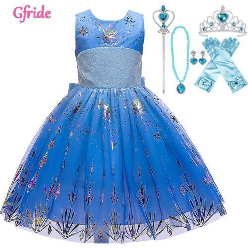 Elza Costume For Girls Princess Snow Queen Fancy Party Dress With Headband Accessories Kids Birthday Clothes blue Dress