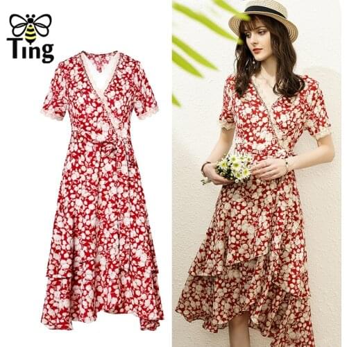 Tingfly Summer Lace Patchwork Women Casual Dress V Neck Beading Lady Street Fashion Boho Floral Dress Lady Clothes Dresses Za