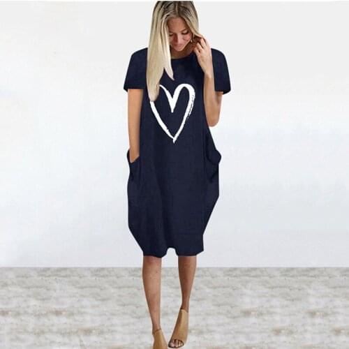 Summer Dress Femme Robes Women Loose Dress Pockets Short Sleeve Love Print Plus Size T-shirt Dress For Women Clothing Vestidos
