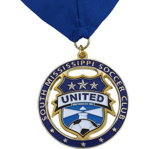 Custom Football Club Metal Medal with Blue Ribbon