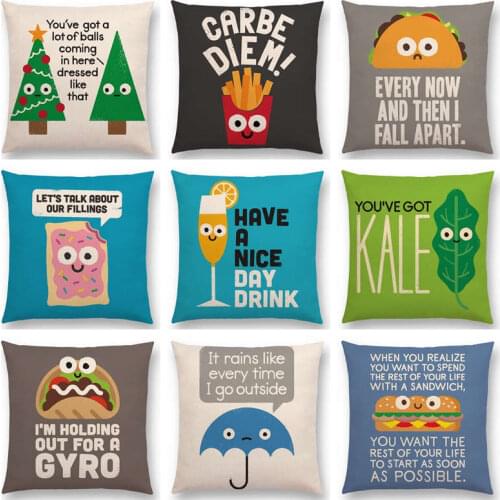 Cute Cartoon Fries Taco Fruit Pie Happy Day Little Things Funny Words Decorative Letters Colorful Cushion Cover Sofa Pillow Case