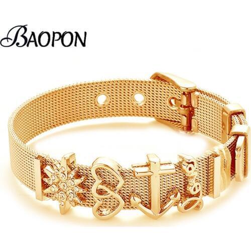 Fashion Stainless Steel Woman Men Bracelet Mesh Bracelet Set Crystal Heart Anchor Charm Fine Bracelet Bangle for Female Lover