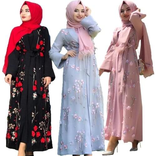 Fashion Women Flower Abaya Dubai Style Long Cardigan Muslim Dress Open Front Abayas Kimono Jilbab Kaftan Islam Robe Arab Caftan