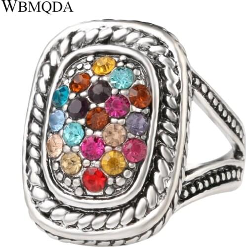 Wholesale Ethnic Colorful Crystal Ring Big Tibetan Silver Bohemian Rings For Women Tibetan Jewelry Vintage Accessories