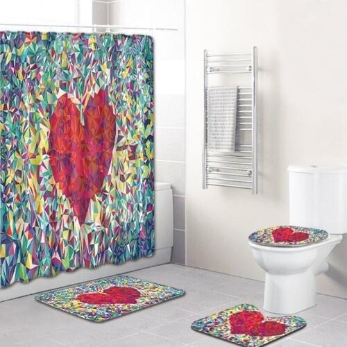 Couple Heart Bathroom Curtain Waterproof Fabric Shower Curtain Carpet Toilet Mat for Bathroom 4 Pieces Set