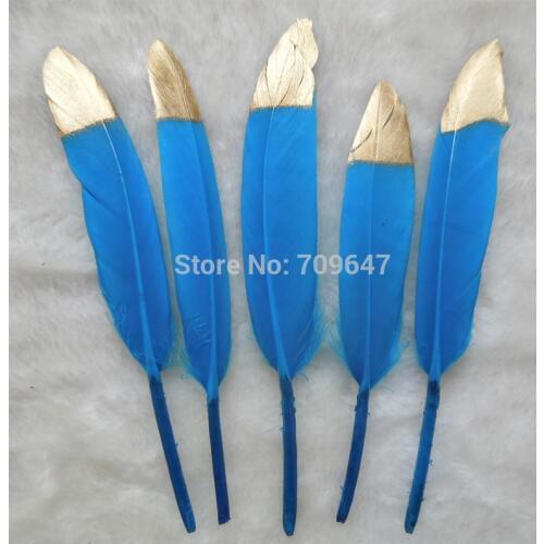 Plumes!50Pcs/Lot!Hand Painted Gold Dipped Goose Feathers,Turquoise and Gold Feathers,Blue Feathers,Decorative Feathers