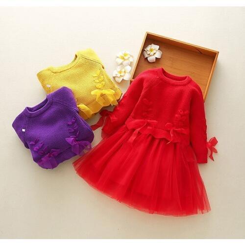 Girl Sweater Dress Fashion Bow Ribbon Sweater Mesh Tutu Dresses Party Dress For Girl Toddler Baby New Year Costume Kids Clothing