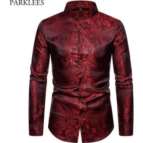 Stylish Wine Red Paisley Jacquard Dress Shirts Men Brand Stand Collar Wedding Club Party Social Shirt Male Camisa Masculina 2XL
