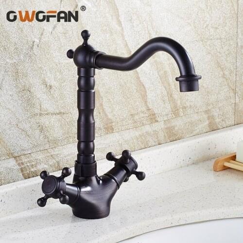 Retro Black Bathroom Basin Faucets Brass Dual Cross Handle Sink Faucets Tall Swivel Spout Washbasin Vanity Mixer Taps 6711R