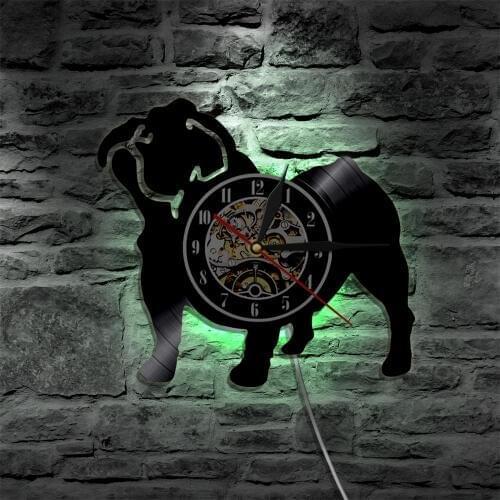 French Bulldog Pet Animals Led Vinyl Clock Wall Light Color Change Vintage LP Handmade Art Decor Lamp Remote Controller
