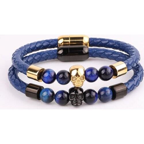 High Quality Men Bracelet New Design Blue Tiger Eye Natural Stone Stainless Steel Skull Charm Genuine Leather Bracelet Men