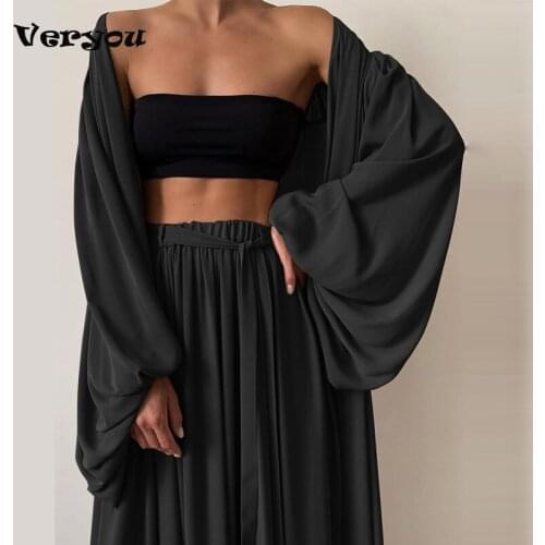 Women 3 Piece Sets Homewear Fashion Casual Lantern Sleeve Cardigan Tops+Wide Leg Pants Suits Lady Spring Soft Three Piece Outfit