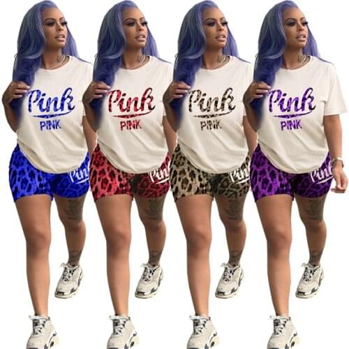 Leopard Casual Two Piece Set Women Pink Letter Print Tops + Shorts Sets Women Tracksuits Casual Streetwear Sporty 2pcs Outfits