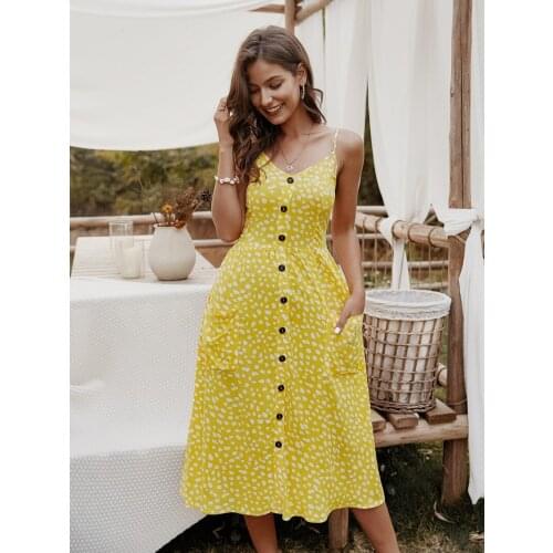 Deenor Sexy Summer Sleeveless Slip Dress Women Sling Button Pocket Polka Dot Sundress Party Maxi Dress Boho Vestidos