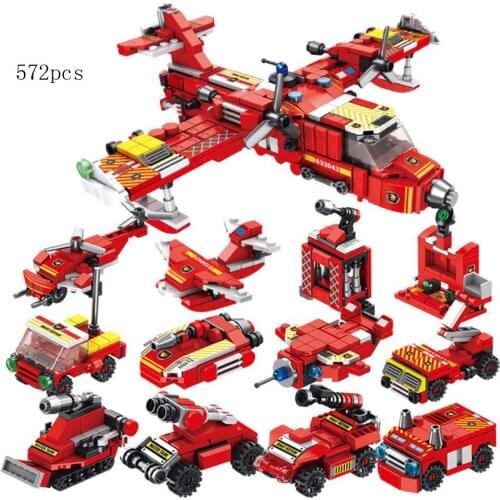 12in1 City Fire fighting aircraft building block mini helicopter Ladder fire engine truck speedboat vehicle brick education toy