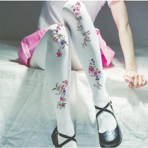 80D Japanese Thight Lolita Stockings Panty Hose Cosplay Pantynose Rose Flower Printed Stockings Socks D414