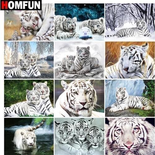 HOMFUN Diamond Painting Cross Stitch "White tiger animal" Full Square Round Diy 5d Diamond Embroidery Picture Rhinestone Art
