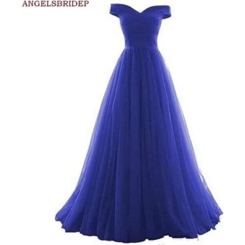 ANGELSBRIDEP Off-Shoulder Long Evening Dresses Party Gowns Formal V-Neck Pleat Floor-length Tulle Vestidos de festa Prom Dresses
