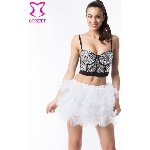 Crystal Resin Beads Studded Push Up Bra Bustier Crop Top With Skirt Set Sexy Bras For Women Stripper Dancewear Party Club Wear