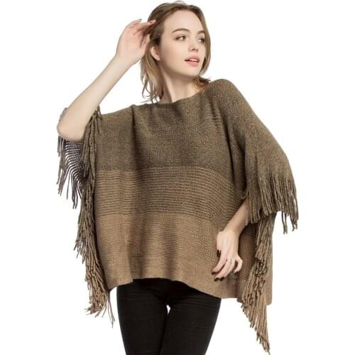 Elegant Solid Cape Scarf Gold Yarn Tassel Lady Shawl Knitted Gradient Sweater Women Ponchos Female Cloak Autumn Winter