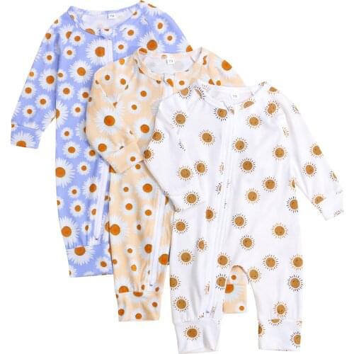 Newborn baby jumpsuit set Baby Spring Rompers Sun Print O-Neck Long Sleeves Sloping Zipper Open Jumpsuits Toddlers Girls Boys