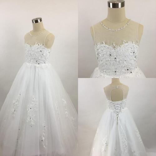 Flower Girls Dresses For Weddings Lace Applique Illusion Neck Beaded Hollow Back Floor Length Kids Birthday Girl Pageant Gowns