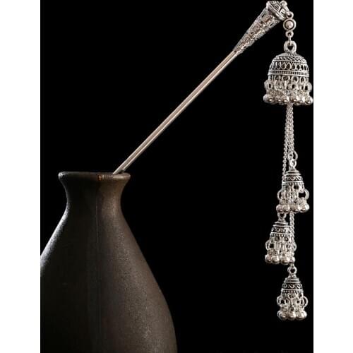 Multi Layered Bells Bead Hair Pins For Women Jewelry Silver Color Sticks For Hair Boho Ethnic Chain Tassel Pendant Vintage Gifts