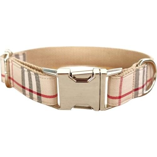 Customize Nylon Adjustable Dog Collar Khaki Plaid Pattern Zinc Alloy Metal Easy to Use Buckle Dog Collar 5 Size