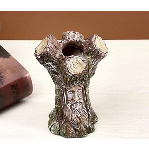 Ancient Tree Sculpture Flower Pot Old Men Face Planter Vase Pen Holder Decor