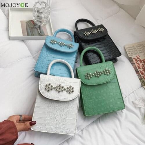 Fashion Women PU Leather Alligator Pattern Rivet Crossbody Shoulder Messenger Bag Casual Ladies Chain Solid Color Small Handbags