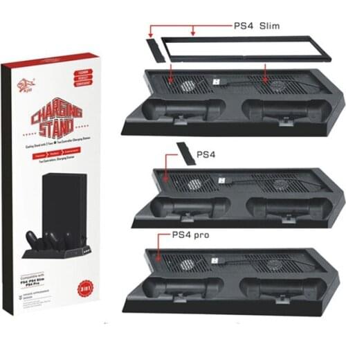 Vertical USB Hub Charging Dock Station with 2 Controller Charger Stand Dock & 2 Cooling Cooler Fan for PS4 Slim Pro Game Console