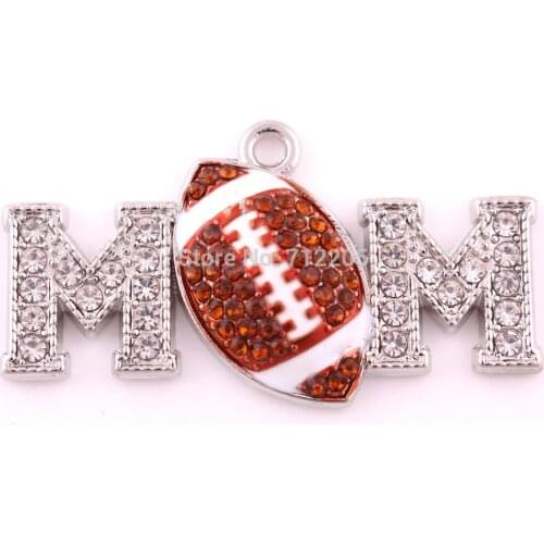 Mothers day jewelry 1pcs a lot zinc studded Heirloom finds rhodium plated pave crystal football mom pendant