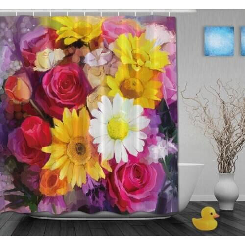 Custom Oil Drawing Colorful Blooming Flowers Wonderful Spring Day Shower Curtains Waterproof Fabric With Hooks Bathroom Curtain