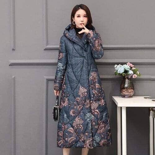 Chinese Style Womens Winter Down Cotton Jacket X-long Printing Loose Thick Outwear Hooded Loose Covered Button Female Cold Coat