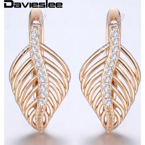 Davieslee 585 Rose Gold Filled Stud Earring For Women Clear CZ Stone Leaf Shaped Womens Earrings Fashion Jewelry LGE166