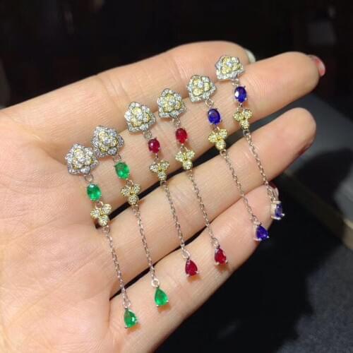 New womens Earrings NATURAL RUBY EMERALD sapphire Angel Earrings 925 silver included certificate