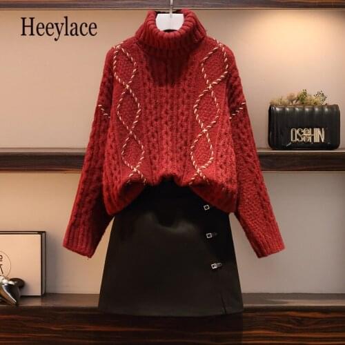 Plus Size Women Winter Warm Two Pieces Sets Female Turtleneck Long Sleeve Knitted Vintage Sweater And MIdi Skirts Sets Korean