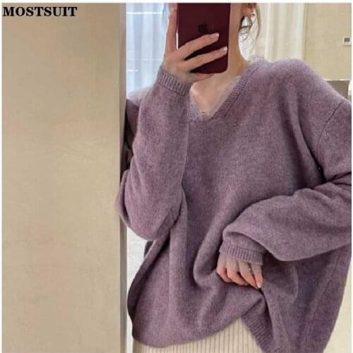 Lace Spliced Knitted Pullover Sweater Women Full Sleeve V-neck Solid Loose Tops Vintage Fashion Ladies Jumpers 2021