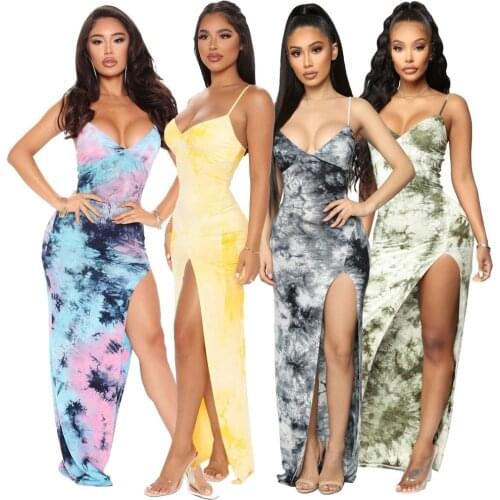 Sexy High Split Sling Party Dress Women Bodycon Backless Summer Dress Spaghetti Strap V-neck Dresses Camisole Clubwear Robe 2021