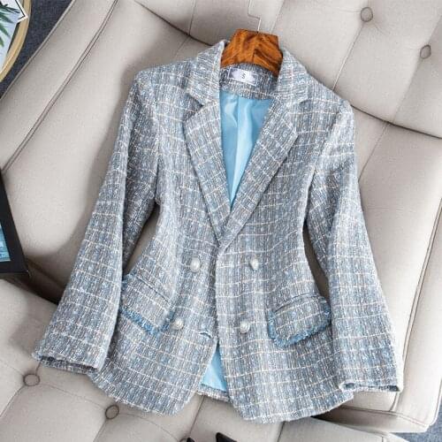 Women Elegant Tweed Blazer Vintage Plaid Office Lady Autumn Casual Jacket Coat Double Breasted Outwear Female Chic Tassel Tops
