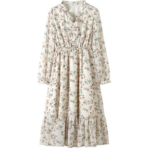 Spring Floral Print Women Casual Dress Female Ruffles Dresses Summer Party Midi Korean Style Vintage Loose Chiffon Vestidos