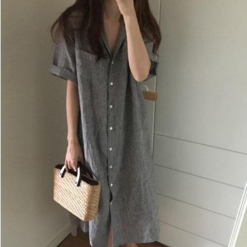 2021 Summer New Korean Simple Black Stripes Loose Slim Fit Simple Casual Women Short-sleeved Shirt Dress Fashion Free Shipping