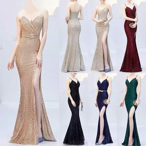 Sexy Sequined dress evening Robe De Soiree 2020 V-Neck Sleeveless Backless Mermaid Long Robe Side Slit Off Shoulder Party Dress