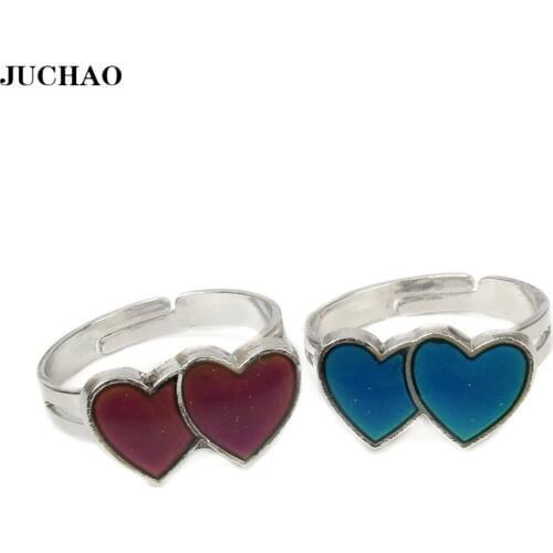 JUCHAO Vintage Color Change Mood Ring Double Love Heart Emotion Feeling Changeable Temperature Control Color Rings For Women