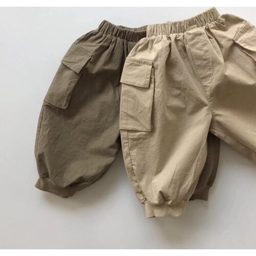 Kids Casual Pant Tooling Pocket Pants Cotton Solid Color Elastic Waist Spring Autumn Korean Style Baby Boys Girls Trousers