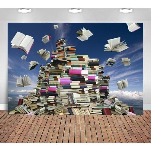 Mass of Books Backdrop Back To School Fantasy Book Flying In Blue Sky Photography Background Education School Study Photo Studio